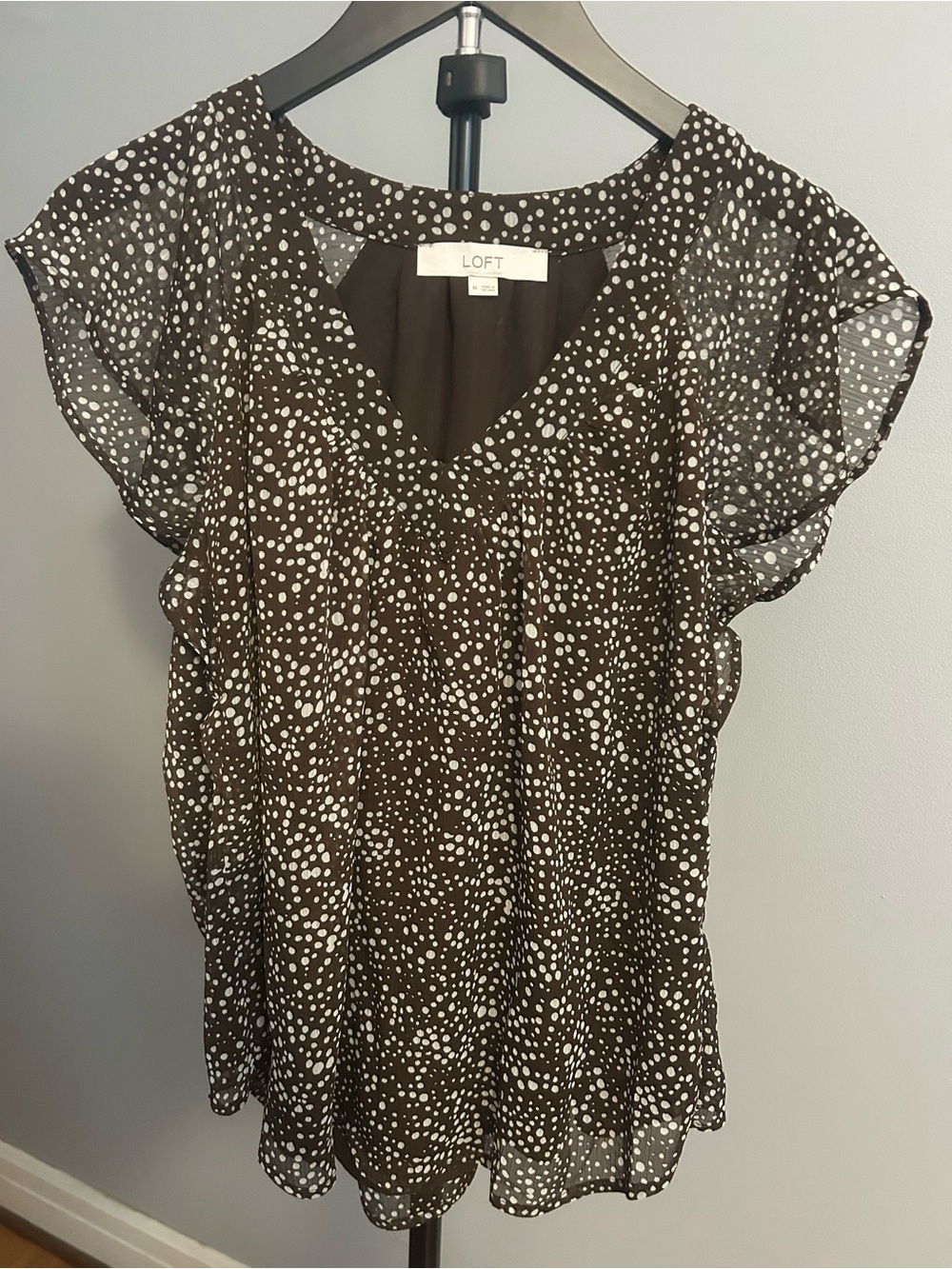 LOFT Brown with White Polka Dot Flutter Sleeve Blouse